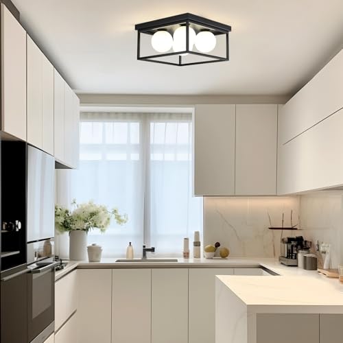 Flush Mount Ceiling Light, 12.6” Close to Ceiling Light Fixtures with Globe Glass Shade, 4-Light Black Ceiling Light Fixture for Bedroom Kitchen Hallway Living Room Dining Room Entryway - color: 4 Light Black