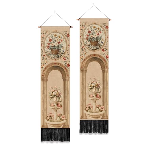 PLIGREAT 2 Pack Vintage Bouquet Tapestry Vertical Art European Style Column Wall Hanging with Tassels Aesthetic Wall Tapestry for Bedroom Bathroom Living Room Long Narrow Home Art Decor - color: pink,brown
