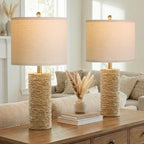 BOBOMOMO Boho Lamps Set of 2, 25.5" Coastal Farmhouse Bedside Lamps, Resin Woven Rattan-Look Nightstand Lamps with Linen Shade & Rotary Switch for Bedroom Living Room Home Decor