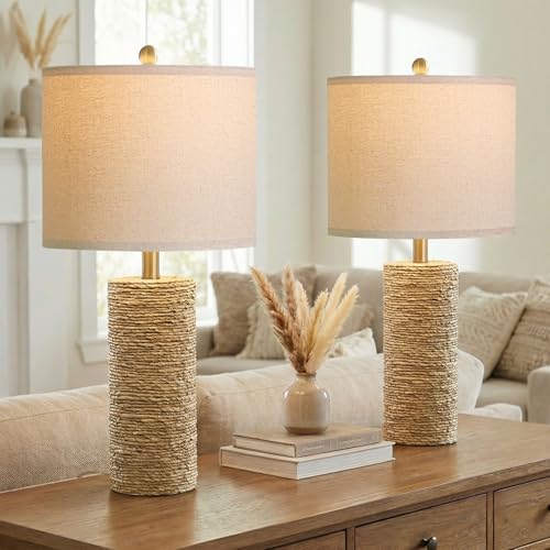 BOBOMOMO Boho Lamps Set of 2, 25.5" Coastal Farmhouse Bedside Lamps, Resin Woven Rattan-Look Nightstand Lamps with Linen Shade & Rotary Switch for Bedroom Living Room Home Decor