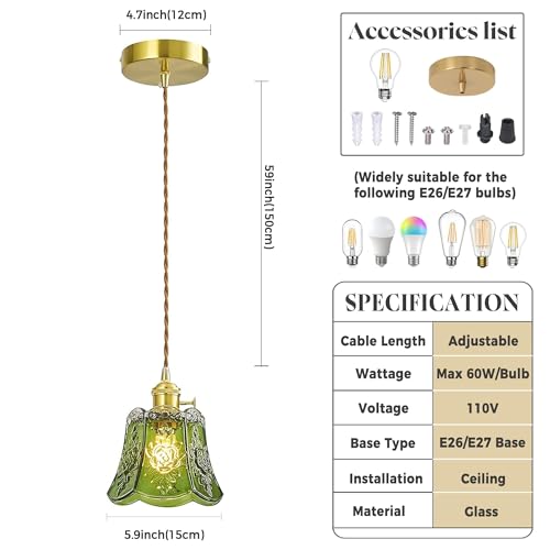Green Wind Chime Glass Pendant Light, 2 Natural Light Bulbs Included, Adjustable Cord with Switch, Hanging Lamp for Kitchen Island/Dining Room - color: Green 2pcs Flower Pendant Light
