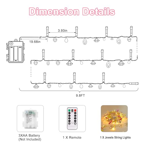 Battery Operated Fairy String Lights, Acrylic Gems Jewels String Lights with Remote 8 Modes Timer Function,30 Warm White LED Battery Powered Fairy Lights for Bedroom Party Decor