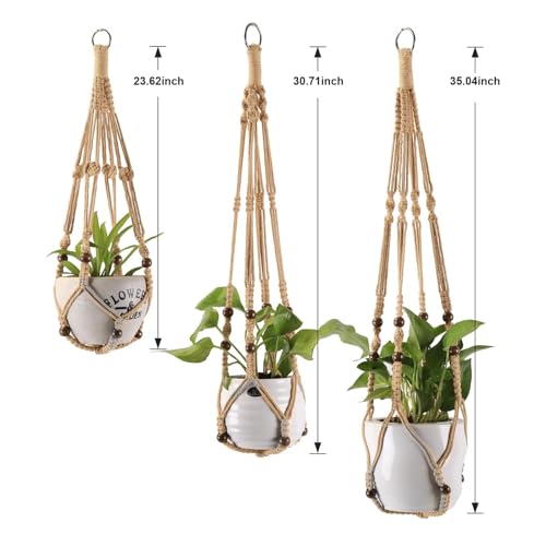 3-Pack Macrame Plant Hanger Indoor - Hanging Planter Basket for Indoor Outdoor - Decorative Boho Plant Holders Set with Beads - Ceiling Flower Pot Holder with 6 Hooks - 35"/30"/24" Linen - color: Linen
