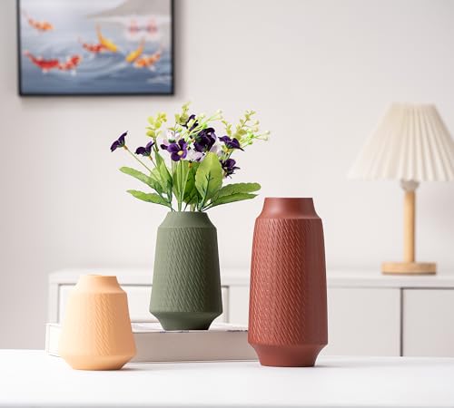 Ceramic Vase Set of 3, Modern Multicolor Pattern Flower Vases for Home Decor, Office, Centerpieces, Boho Farmhouse Style (Red/Green/Orange) - color: Terracotta, Sage Green, Sand-vt2