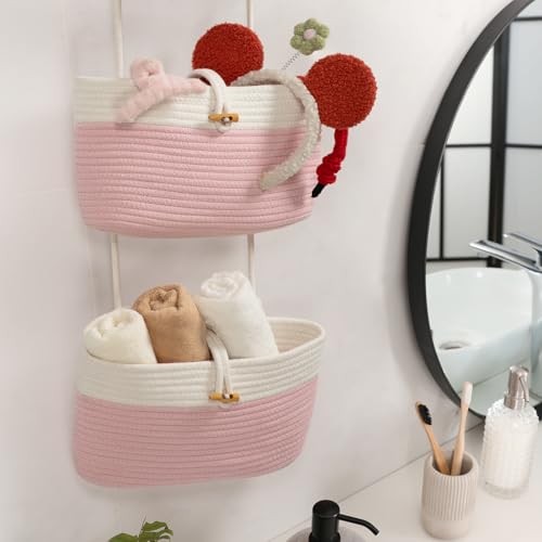 TeoKJ Over The Door Hanging Baskets with Button Strap, 3-Tier Woven Cotton Storage Organizer Bag, Wall-Mounted with Hook Decorative Hanging Nursery Baskets - Pink+White - color: Pink+White, style: 3 tier+Button