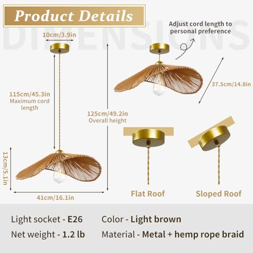 Rattan Pendant Light,16"(40cm) Boho Kitchen Island Light Fixtures, Wicker Small Chandelier,Brown Woven Coastal Hanging Lights for Bedroom/Living Room Hallway Restaurant Foyer - color: 16”scallop shape