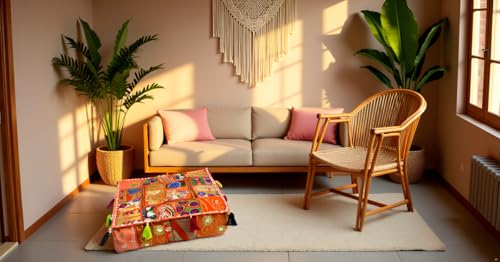 CRAFT KALA Indian Square Patchwork Traditional Pouf Cover Indian Living Room Poufs Decorative Embroidered Designer Ottoman Home Living Footstool Chair Cover Decor Pillow Cover 18x18x5 inches, Orange - color: Orange, size: 18"D x 18"W x 5"H