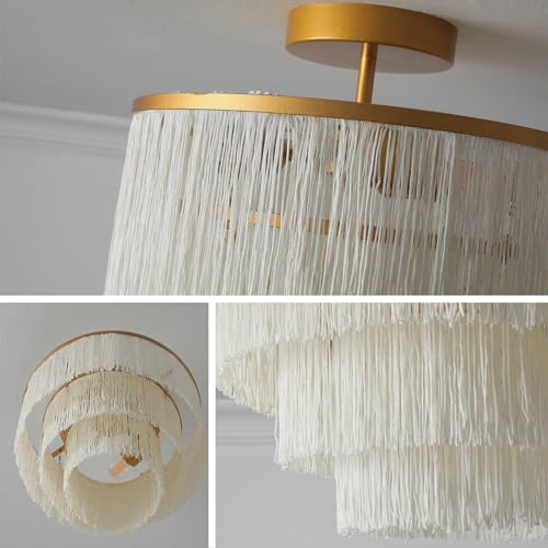 3-Tiered Boho Chandelier with Metal and Fringe,3 Lights Fringe Pendant Light Fixture,Tassle Chandelier for entryway,Dining Room,Baby Nursery,Gold and Light Beige - color: 3-Tiered-Light Yellow