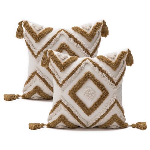 Andreannie Pack of 2 Boho Tufting Throw Pillow Cover Embroidered Textured Cushion Cover with Tassels Soft Home Decororative for Couch Sofa 18x18 inch (Brown) - color: Brown