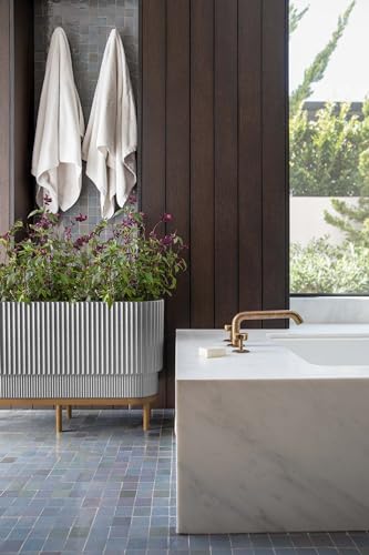 Veradek Demi Series Raised Long Planter for Indoor/Outdoor Use | Made from Plastic & Stone w/Wooden Stand | Modern Patio Décor for Flowers/Shrubs - color: Grey/Brown, size: 30 inch
