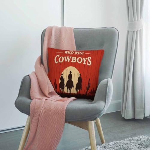 HGOD DESIGNS Cowboy Throw Pillow Cover,Vintage Western Cowboys Riding Horses Wooden Sign Rural Ranch Desert Sunset Decorative Pillow Cases Linen Square Cushion Covers for Home Sofa Couch 18x18 inch - color: Color Z19