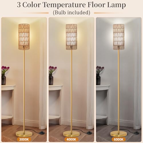 Ruiever Floor Lamp for Living Room,Farmhouse Floor lamp,Modern Standing lamp with Hand-Worked Rattan Shade (Round Rattan Shade Gold Color-3 Color Bulb) - style: Round Rattan Shade Gold Color-3 Color Bulb