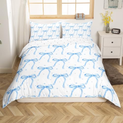 Cartoon Bowknot Girls Duvet Cover Set Twin Size Kids Bow Tie Princess Bedding Sets 2Pcs for Child Girly Woman Room Decor, Butterfly Knot Comforter Cover with 1 Pillowcase (No Comforter) Blue - color: Blue, size: Twin 68"x90"