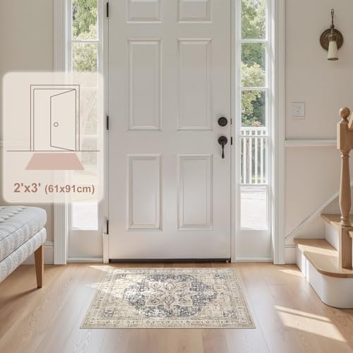 Tortania Area Rug 2x3 Doormat - Washable Vintage Oriental Farmhouse Soft Thin Indoor Carpet for Living Room Bedroom Hallway Entryway Kitchen - Cream/Blue - color: Cream/Blue, size: 2' x 3' (Rectangular)