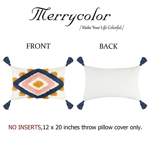 Merrycolor Boho Throw Pillow Covers Lumbar Decorative Throw Pillow Cover Tufted Woven Pillow Case Cushion Covers for Bed (1pc,12x20 Inches) - color: Blue and Pink, size: 20" x 12" (Pack of 1)