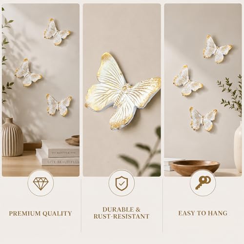 GUSFREUD 3D Butterfly Wall Decor Set – Resin Wall Decorations for Living Room, Bedroom, Garden, Yard, Outdoor and Gallery Walls - Ivory Gold - Set of 3 - color: white