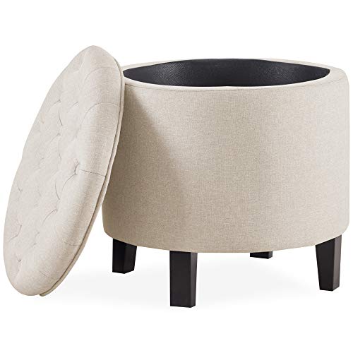 BELLEZE Modern Button Tufted Accent Storage Ottoman, Small Upholstered Circle Pouf Footstool with Lift Top, for Bedroom, Living Room or Vanity, 17-3/4" Round - Lexington (Beige) - color: Beige
