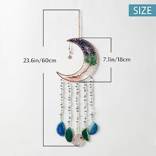 Agate Gemstone Dream Catcher 7 Chakra Tree of Life Dream Catcher with Rainbow Crystal Stones Handmade Dreamcatcher Wall Decor for Adults Boys Girls,Bedroom,Wedding,Garden,Bless Gift(Blue&Green Moon) - color: Blue+green Moon Agate