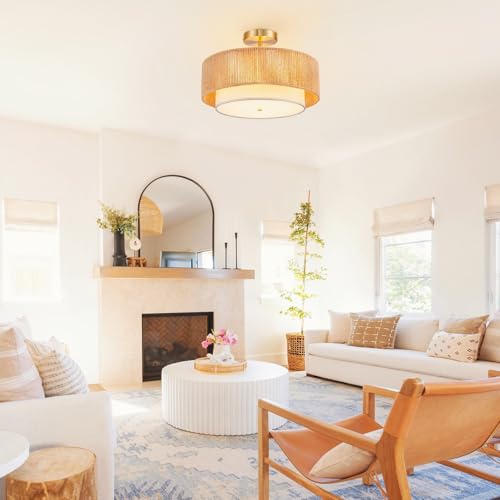 SineRise 16'' Rattan Flush Mount Ceiling Light Fixture,2-Tier Drum Hand-Woven Boho Flush Mount Ceiling Light,Farmhouse Light Fixture for Living Room,Kitchen,Bedroom Foyer Entryway ect. - color: Gold, size: Large Ceiling
