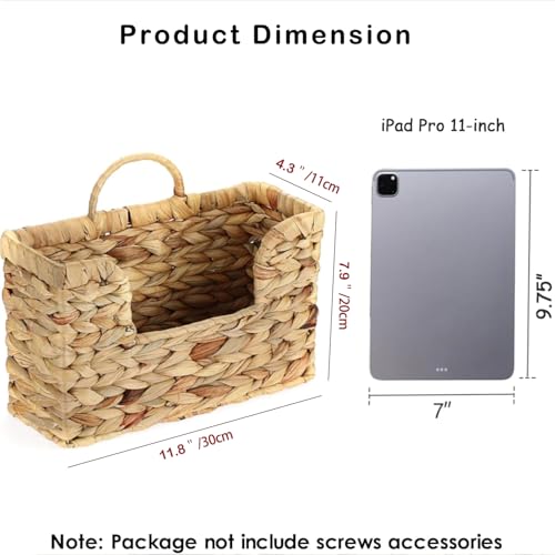 Hanging Magazine Basket, Woven Wall Magazine Holder Organizer with Handle for Mail, Files, Books - Water Hyacinth Farmhouse Storage Rack for Bathroom, Kitchen, Office