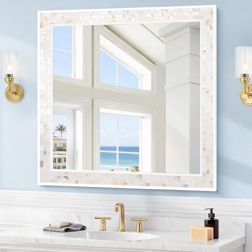 Tanmicoshomy 30 x 30 Inch White Square Bathroom Mirror, Natural Shell Framed Rectangular Mirrors for Bathroom Bedroom, Living Room, Entryway, Wall Mounted Horizontal or Vertical Hanging - color: White C, size: 30"L x 30"W