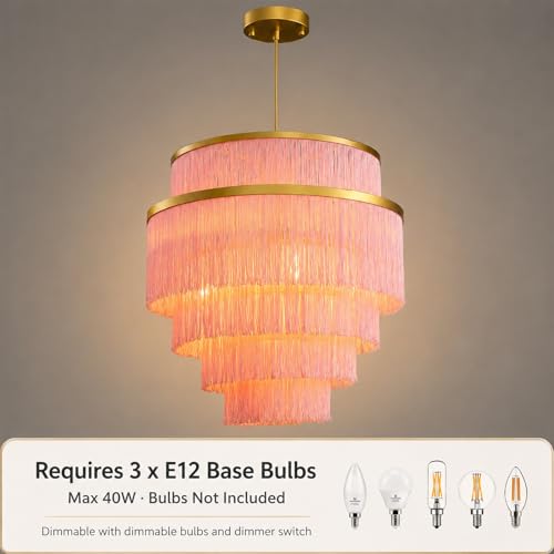 5-Tiered Pink Chandelier,3 Lights Boho Fringe Pendant Light Fixture,Tassle Chandelier for entryway,Dining Room,Baby Nursery,Gold and Pink - color: Pink-Pendant