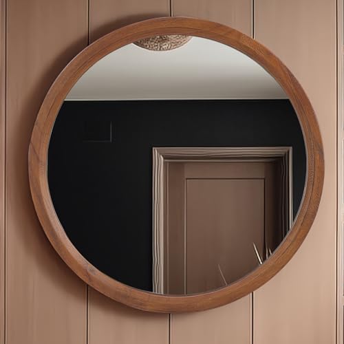 MAGFLERUM 28 Inch Round Wood Circle Mirror - Boho Style Wall Decor for Bedroom, Living Room, Hallway (Brown) - color: Brown2, size: 28"L x 28"W
