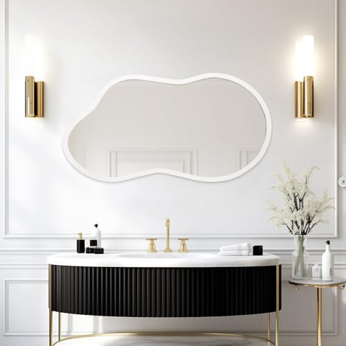 AAZZKANG Irregular Wall Mirror Wooden Large 26"x16" Decorative Hanging Mirrors Asymmetrical for Bedroom Dressing Room Living Room Bathroom Entryway White - color: White, size: 26"L x 16"W