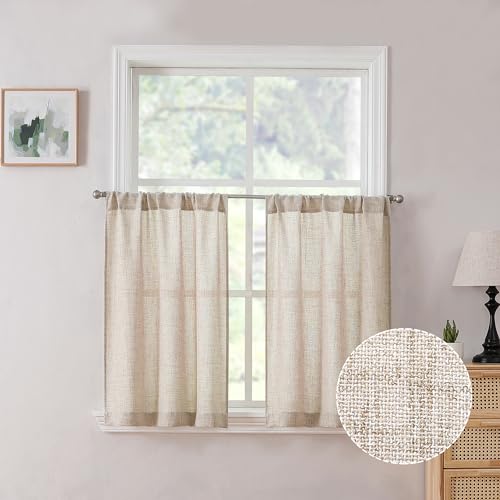 Tollpiz Linen Tier Curtains Rod Pocket Semi Sheer Short Kitchen Curtain Half Burlap Light Filtering Thick Linen Drape for Bathroom, 30 x 30 inches Long, Natural, Set of 2 Panels - color: Natural, size: 30"W x 30"L (Pack of 2)