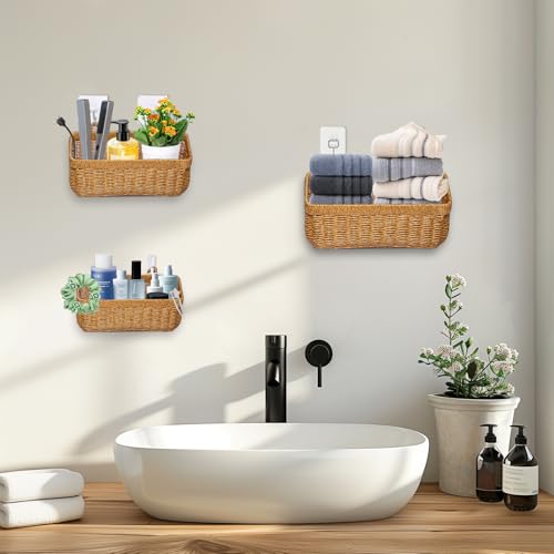 Wall Baskets Set of 2, Hanging Wicker Basket for Bathroom, Kitchen, Pantry, Living Room, 13.78"L× 5.71"W× 6.10"H and 10.83"L × 4.84" W× 4.92"L, Yellow - color: Yellow, size: S+M