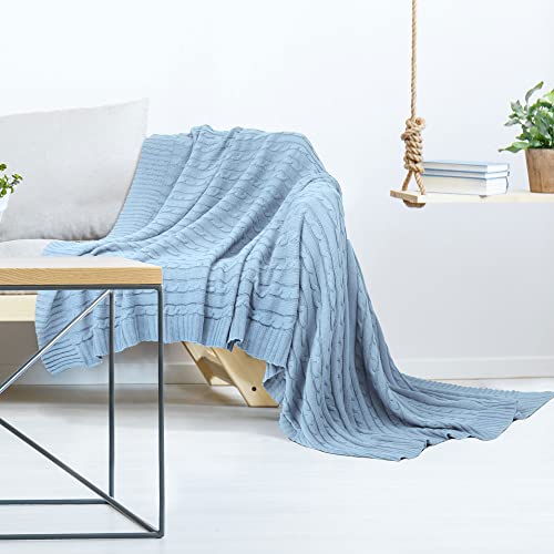 uxcell 100% Cotton Knitted Throw Blanket for Sofa and Couch Soft Lightweight Cable Knit Blanket Home Decors Blanket, Columbia Blue 50" x 60" - color: Columbia Blue, size: Throw (50" *60")