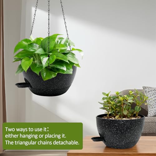 WOUSIWER Self Watering Hanging Planters, 2 Pack 10'' Plastic Pots with Drainage Holes & Reservoir Tray (Speckled Black) | Indoor & Outdoor Use for Ferns, Ivy, Herbs, Succulents - color: Black Speckled, size: 2 Pack 10 inches