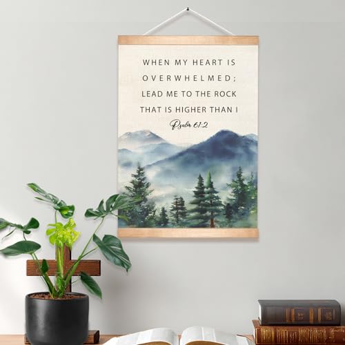 Inspirational Christian Bible Verse Wall Art Decor,Christ Motivation Wall Art Framed Decor,Psalm 61:2 Mountain Landscap Canvas Poster for Bedroom Living Room Office 14x18.5inch - color: Green-Psalm 61:2