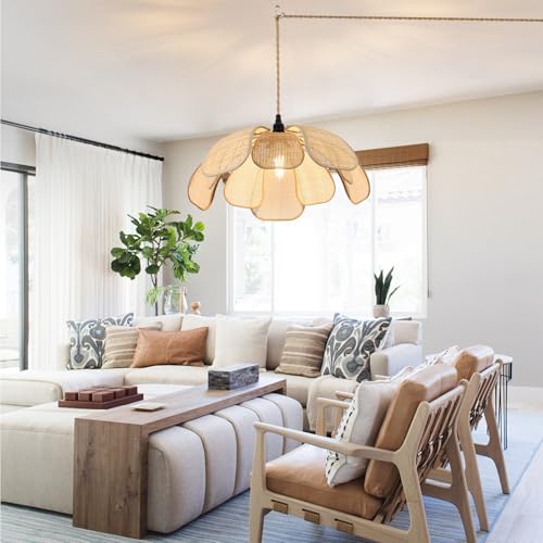 20 Inch Boho Flower Chandeliers for Dining Room Farmhouse Rattan Pendant Lights Girl Chandelier Hand Woven Bedroom Light Fixture Dimmable Plug in Hanging Lamp for Kitchen Island - size: 20 Inch Plug In