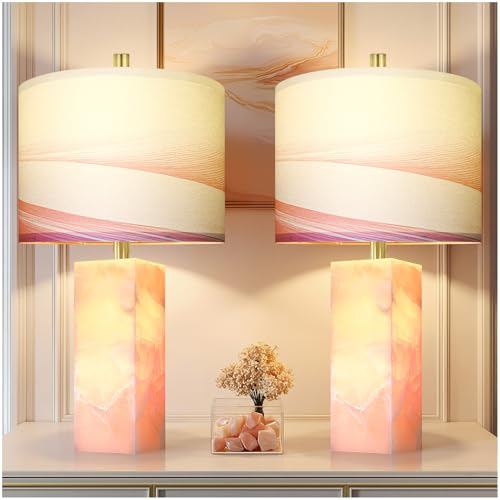 Scenekoy 23" Alabaster Table Lamp Set of 2 with Night Light for Bedroom Living Room, Rotary Switch, Pink Modern Table Lamp with Linen Shade, Nightstand Lamps for Room Bedside Office (Bulb Included) - color: Pink
