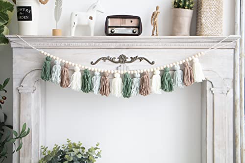 Tassel Garland - Boho Tassel Garland with Wood Beads - Wall Decor for Dorm, Girls Room and Nursery Room - Olive Green (43 inch) - size: 43 inch