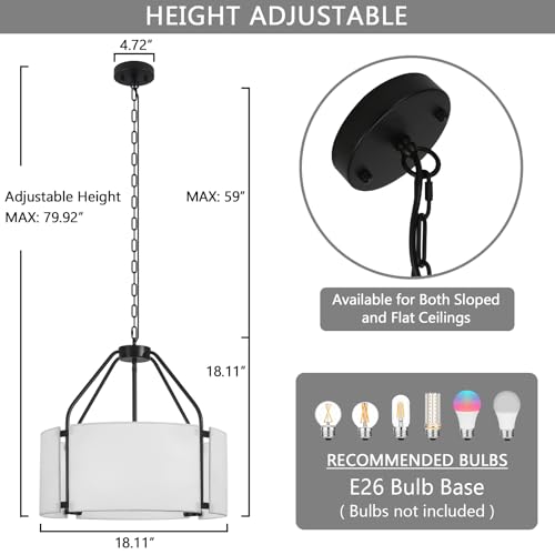 Drum Chandeliers, 18'' Drum Pendant Light Fixture with White Linen Fabric Shade, White Chandelier Adjustable Modern Farmhouse Hanging Lights for Dining Room Bedroom Kitchen Foyer Entryway - color: 18Inch White&Black