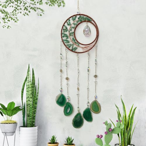 Green Moon Crystal Tree of Life Dream Catcher with Agate Pendant | Handmade, Wall Decor, Wall Hanging Ornament, Bedroom Living Room Home Decor