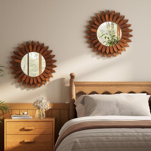 Boho Wood Sunburst Round Wall Mirror, 20 Inch Rustic Circle Wooden Frame Decorative Mirror for Farmhouse Coastal Home, Home Wall Decor for Living Room Entryway Bedroom, Walnut - color: Walnut, size: 20"L x 20"W
