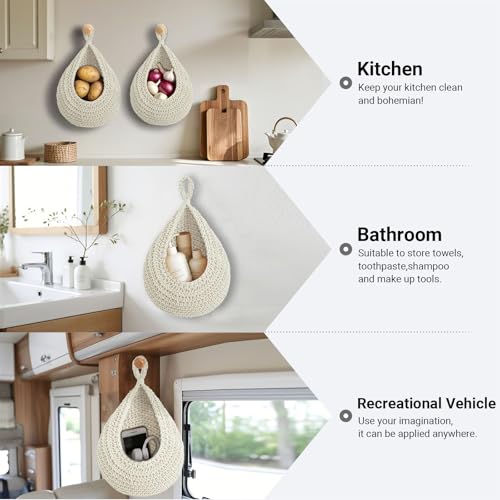 Hanging Fruit Baskets for Kitchen, 3 Pack Boho Cotton Rope Handwoven Vegetable Storage Wall Mounted Large Organizing Basket for Farmhouse Decor, Onion, Potato, Garlic and Plants (White) - color: White