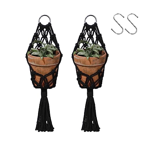 Artilady 2 Pack Black Macrame Plant Hanger Indoor - Large Hanging Planters for Wall Plants Holder Short Hademade Boho Farmhouse Rustic Home Decor (Black Plant Hanger-2pcs) - color: Black Plant Hanger-2pcs