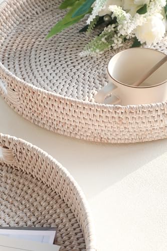 HITOMEN 14.2" Hand-Woven Round Rattan Serving Tray Decorative Ottoman Wicker Platter with Handles for Coffee Table, Breakfast, Drinks, Snack, Bread, Fruit, Vegetables (Whitewash-L) - color: Whitewash, size: Large (14.2 inches)