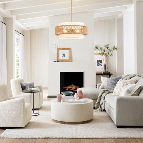 19.7" Boho Rattan Chandelier, 4-Light Large Rattan Pendant Light with Fabric Shade, Boho Drum Ceiling Hanging Light Fixture for Dining Room, Living Room, Kitchen Island, Hallway, Foyer - size: 19.7" V-shaped weaving