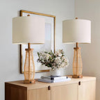 OYEARS 28" Table Lamps Set of 2 with Dual Night Lights, Bedside Lamps for Bedroom, Boho Lamp for Living Room, Rattan Table Lamp with Linen Shade, Farmhouse Lamp with Wood Grain Finish (Bulb Included) - color: Antique Brown
