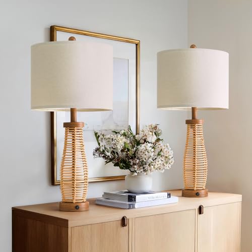 OYEARS 28" Table Lamps Set of 2 with Dual Night Lights, Bedside Lamps for Bedroom, Boho Lamp for Living Room, Rattan Table Lamp with Linen Shade, Farmhouse Lamp with Wood Grain Finish (Bulb Included) - color: Antique Brown