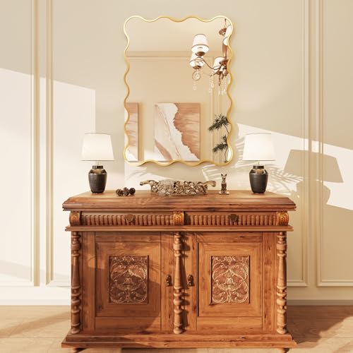 Kelly Miller 30x40 Inch Gold Scalloped Mirror, Large Rectangular Wavy Edge Bathroom Vanity Wall Mirror Decorative for Bedroom Living Room Entryway Fireplace Mantle - size: 40"L x 29.2"W