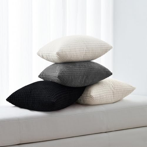 Topfinel Black and White Couch Pillow Covers for Living Room 45x45 cm Set of 4,Mid Century Modern White Neutral Corduroy Corn Throw Pillows,Rustic Square Bench Chair Cushion(18 Inch/Dark Gray) - color: Black White, size: 18" x 18" (Pack of 4)