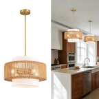 Boho Rattan Chandelier, 17.7" Boho Pendant Light with Fabric Lampshade, 4-Light Rattan Light Fixture Ceiling Hanging for Dining Room, Living Room, Bedroom, Kitchen Island, Hallway, Foyer - size: 17.7″Fabric