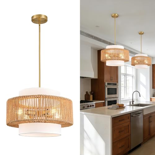 Boho Rattan Chandelier, 17.7" Boho Pendant Light with Fabric Lampshade, 4-Light Rattan Light Fixture Ceiling Hanging for Dining Room, Living Room, Bedroom, Kitchen Island, Hallway, Foyer - size: 17.7″Fabric