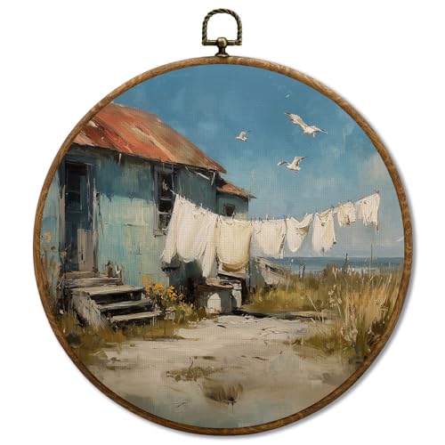 JUIOEIU Vintage Farmhouse Laundry Day Round Wall Decor, Rustic Country Framed Canvas Prints, Coastal Seaside Landscape Wall Art Hanging Decorations for Washroom Bathroom Laundry Room Decor, 10x10in - color: Laundry room09
